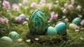 Easter eggs, adorned with pastel hues, are carefully tucked into the rich, emerald blades of grass. Generated with AI