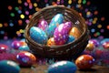 Vibrant Easter eggs arranged in a basket