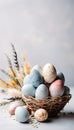 Vibrant easter eggs in basket, colorful and lively table decoration, AI Generated