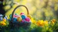 Vibrant Easter Eggs in Basket with Spring Blossoms Royalty Free Stock Photo