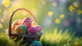 Vibrant Easter Eggs in Basket with Spring Blossoms Royalty Free Stock Photo