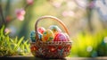 Vibrant Easter Eggs in Basket with Spring Blossoms Royalty Free Stock Photo