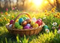 Vibrant Easter Eggs in a HandWoven Basket A Spring Celebration Royalty Free Stock Photo