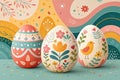 Vibrant easter eggs with intricate floral patterns and festive spring background Royalty Free Stock Photo