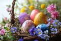 Vibrant Easter eggs nestled in a bowl amidst spring blossoms Royalty Free Stock Photo