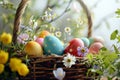 Vibrant Easter eggs nestled in a bowl amidst spring blossoms Royalty Free Stock Photo