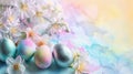 Vibrant Easter Eggs on Pastel Watercolor Background with Spring Flowers Royalty Free Stock Photo