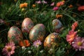 Vibrant Easter Eggs Tucked in a Flourishing Spring Meadow