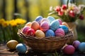 Vibrant Easter Eggs in Wicker Basket - Delightful Spring Celebration Royalty Free Stock Photo