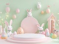 A vibrant Easter scene with a central pastel pink egg and scattered smaller eggs in shades of blue, pink, and yellow Two Royalty Free Stock Photo