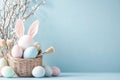 This vibrant Easter scene showcases a woven basket overflowing with pastelcolored eggs and decorations, capturing the Royalty Free Stock Photo