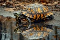 Vibrant Eastern Box Turtle Trachemys Scripta Elegans Reflecting on Wet Surface in Natural Habitat Royalty Free Stock Photo