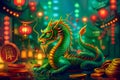 Vibrant Eastern Dragon Illustration with Festive Lanterns and Coins in a Mystical Night Setting