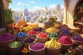 Vibrant Eastern Fruit Market Illustration with Intricate Details and Lively Atmosphere