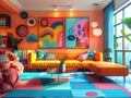 A living room with a colorful and eclectic mix of furniture and decor in bright, bold colors