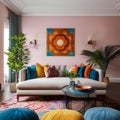 A vibrant eclectic living room with colorful patterns and mismatched furniture3