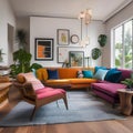 A vibrant and eclectic living room with mismatched furniture and colorful accents3