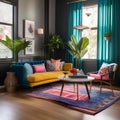 A vibrant and eclectic living room with mismatched furniture and colorful accents2