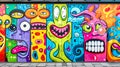 A vibrant and eclectic street art mural featuring a collage of cartoonish, colorful characters with exaggerated