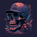 A striking dead skull in vivid colors, wearing a cool sunglass. Vector illustration for a postcard or a poster, print for clothes.