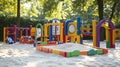 Vibrant Empty Playground Colorful Play Set with Sandbox and Balancing Equipment in a Park Setting
