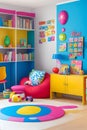 vibrant and energetic children\'s playroom adorned with colorful wall decals bean bags and shelves