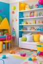 vibrant and energetic children\'s playroom adorned with colorful wall decals bean bags and shelves