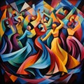 Vibrant and Energetic Dance Floor Scene in Cubism Art Style