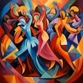 Vibrant and Energetic Dance Floor Scene in Cubism Art Style