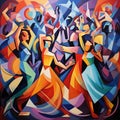 Vibrant and Energetic Dance Floor Scene in Cubism Art Style