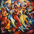 Vibrant and Energetic Dance Floor Scene in Cubism Art Style