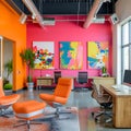 vibrant and energetic workspace with bold colors and modern decor