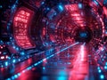 A vibrant engine room inside a spaceship, dominated by red and blue hues Advanced technology, screens displaying data Royalty Free Stock Photo