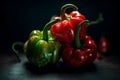Ai Generative Red, green and yellow bell peppers on a wooden table. Dark background Royalty Free Stock Photo