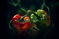 Ai Generative Red, green and yellow bell peppers on a wooden table. Dark background Royalty Free Stock Photo