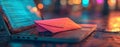 A vibrant envelope positioned on a laptop keyboard set against a blurred backdrop, representing digital communication Royalty Free Stock Photo