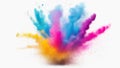 A vibrant eruption of colorful powder against a white backdrop