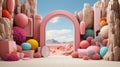 A pink arch with colorful objects and rocks