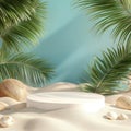 Vibrant, exotic stock image showcases a tranquil tropical beach scene with palm leaves and seashells, suggesting