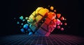 Vibrant exploding cube over a retro grid background Royalty Free Stock Photo