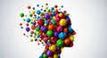 Vibrant exploding head silhouette filled with colorful spheres represents creativity and thought Royalty Free Stock Photo