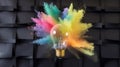 Light Bulb Surrounded by Explosion of Colorful Powder Against Geometric Background Royalty Free Stock Photo