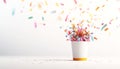Vibrant explosion of colorful confetti from paper cup on white background, symbolizing celebration and joy Royalty Free Stock Photo