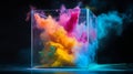 Vibrant explosion of colorful dust in a glass cube, creating a mesmerizing visual effect against a dark background Royalty Free Stock Photo