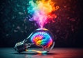 A vibrant explosion of colorful ideas erupts from a transparent lightbulb containing a human brain Royalty Free Stock Photo