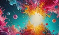 vibrant explosion multicolored particles and bubbles fills the frame, with bright white center and Royalty Free Stock Photo