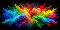 A vibrant explosion of multicolored powder against a black background, showcasing a dynamic spectrum of color and texture.