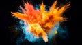 Vibrant explosion of orange, yellow, and blue smoke against a stark black backdrop, creating a dynamic effect Royalty Free Stock Photo