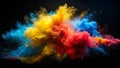 Vibrant explosion of red, yellow, and blue powder against a black backdrop. Generative AI Royalty Free Stock Photo