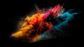 colorful dust explosion in the cmyk colors in front of black background